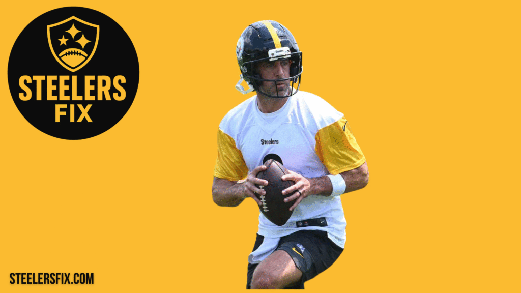 Aaron Rodgers in a Steelers uniform during 2025 preseason practice – SteelersFix.com
