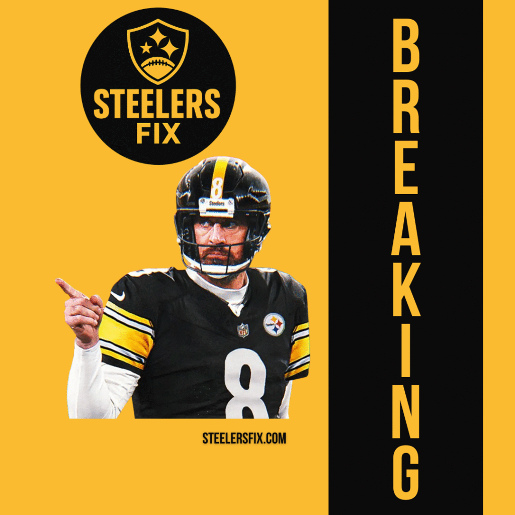 Graphic featuring Aaron Rodgers in a Pittsburgh Steelers uniform with the Steelers Fix logo and the word “BREAKING” in bold vertical text, announcing Rodgers’ final NFL season in 2025.