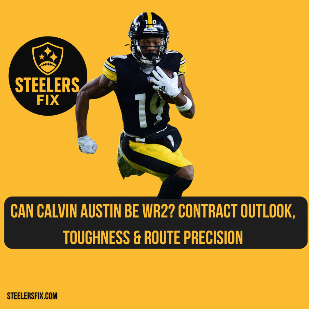 Calvin Austin running a route in Steelers uniform, article on WR2 contract outlook and route precision from steelersFix.com
