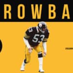 Throwback Thursday graphic featuring Steelers linebacker Bryan Hinkle in uniform with bold yellow background and SteelersFix logo.
