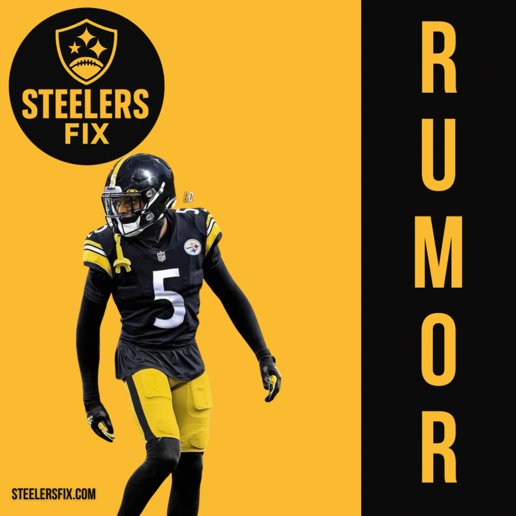 Pittsburgh Steelers logo with Jalen Ramsey in Dolphins uniform during a game, representing NFL trade rumors and speculation about Steelers interest
