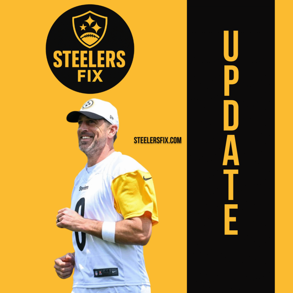 Aaron Rodgers in Steelers uniform with headline announcing pre-camp workouts in Malibu with teammates.