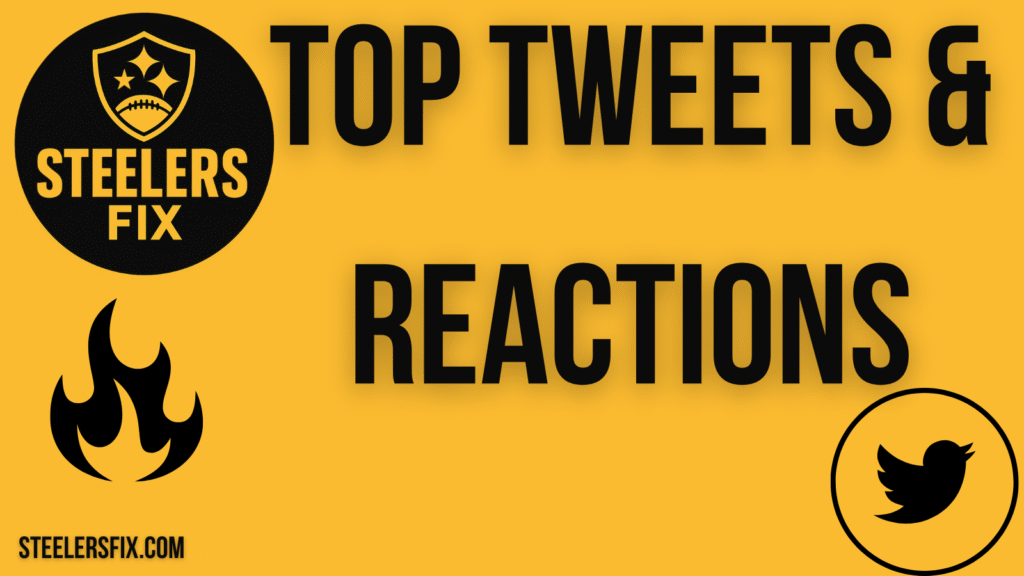 Promotional graphic with a bold yellow background featuring the Steelers Fix logo, the text “Top Tweets and Best Reactions of the Week,” a black Twitter bird icon, and the website URL steelersfix.com.